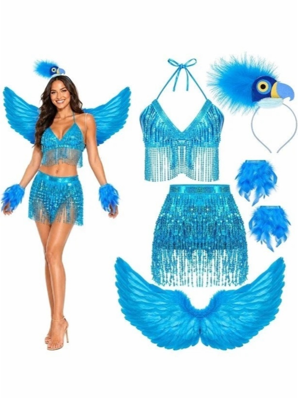4-Piece Blue Macaw Halloween Costume Blue Sequin Set